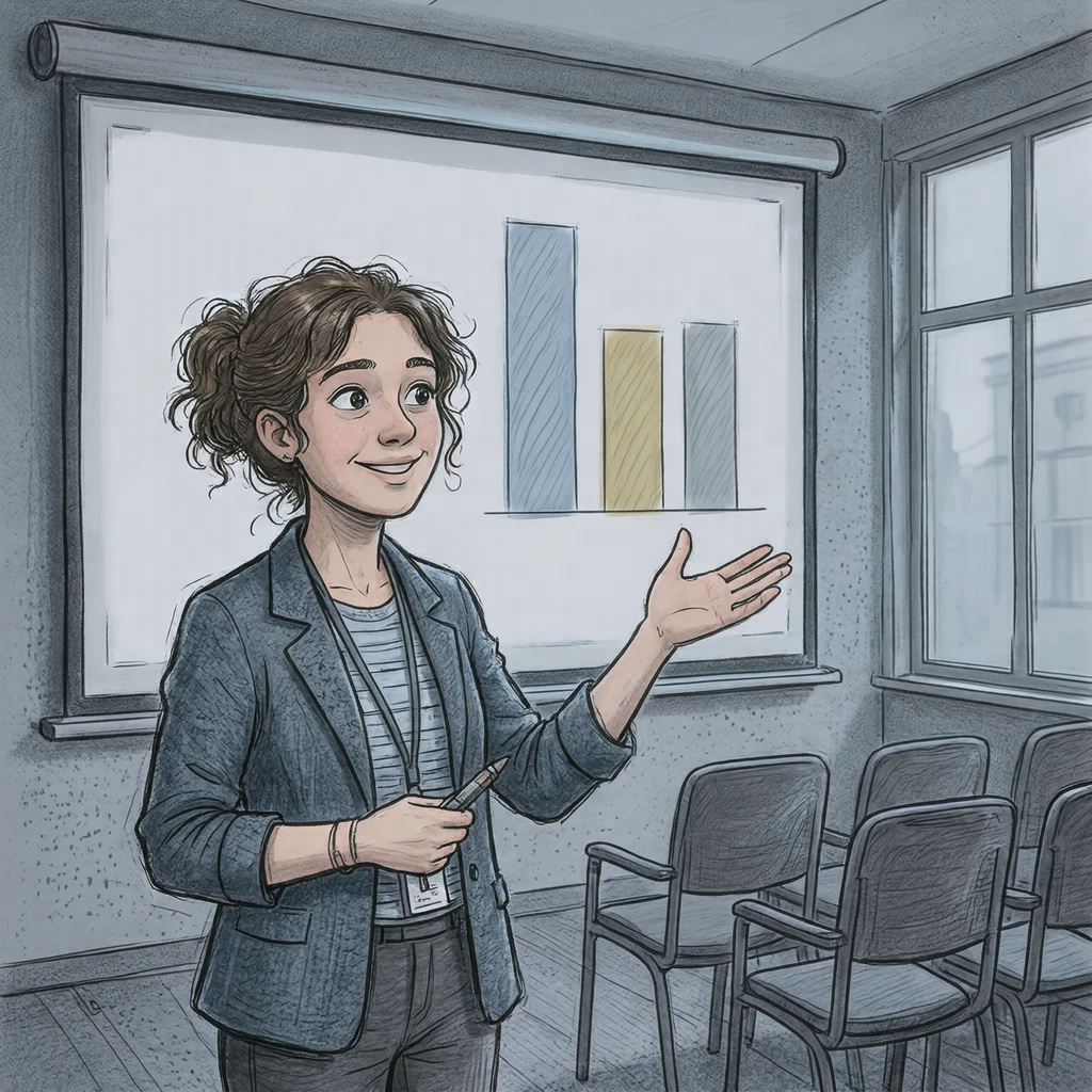 Illustration of a person presenting at a company training session (hand-drawn)