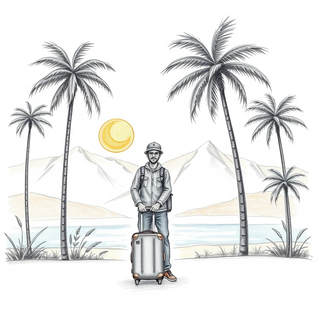 スーツケースを持った旅行者と名所のソフトイラスト