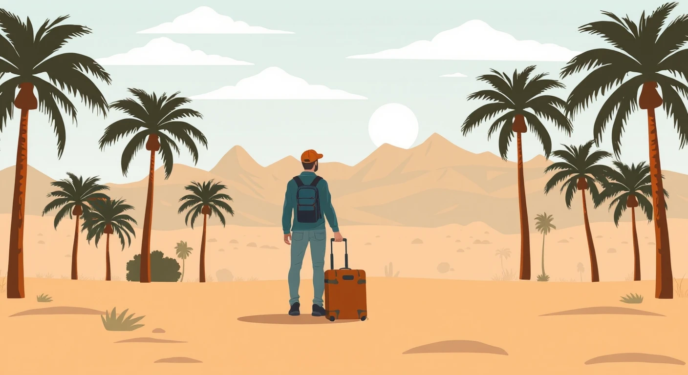 スーツケースを持った旅行者と名所のソフトイラスト