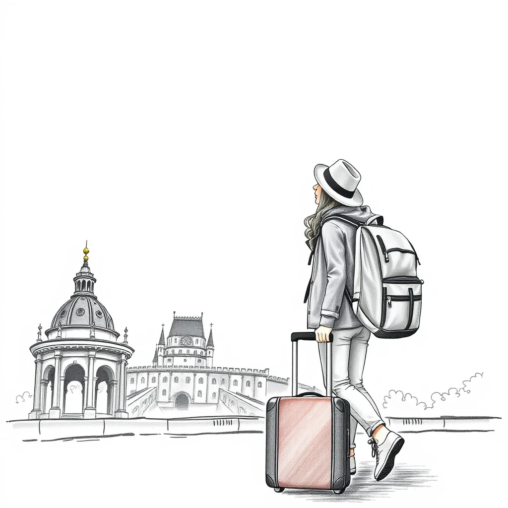 旅行者・旅行・観光・スーツケース・ランドマークのイラスト