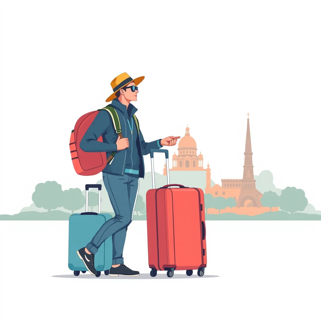 Illustration of traveler, travel, sightseeing, suitcase, landmark, in an outdoors
