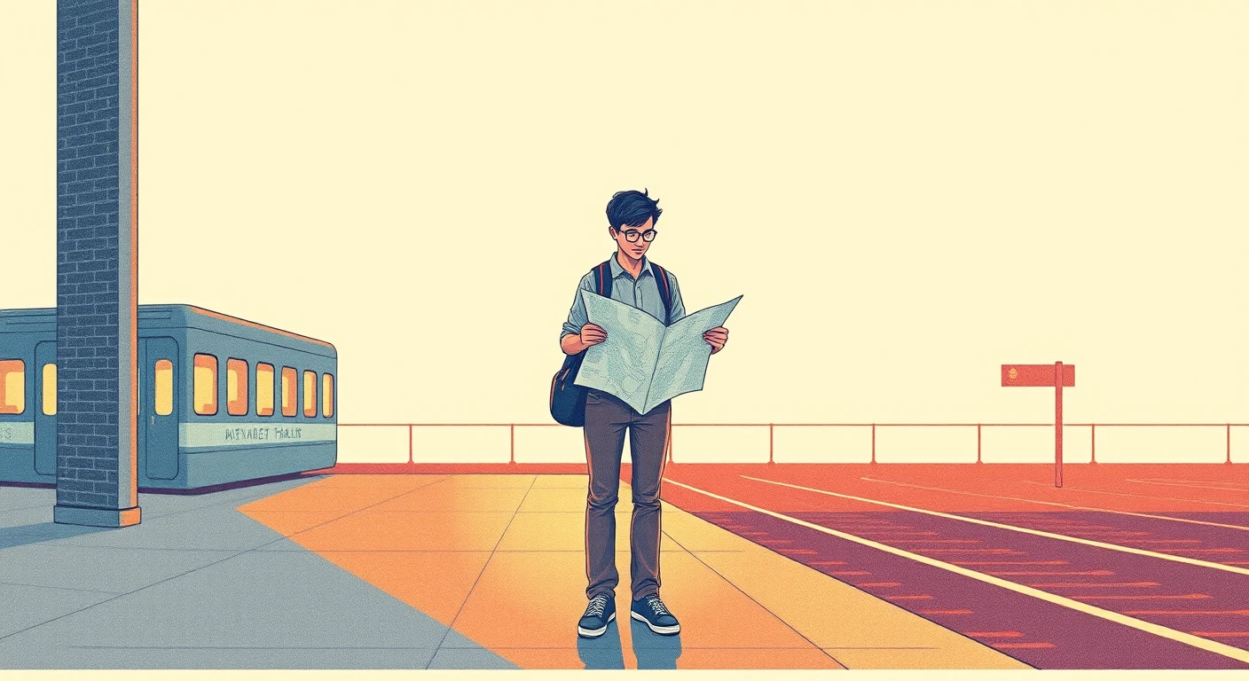 移動の駅で地図を広げて見る旅行者のイラスト（レトロ印刷）