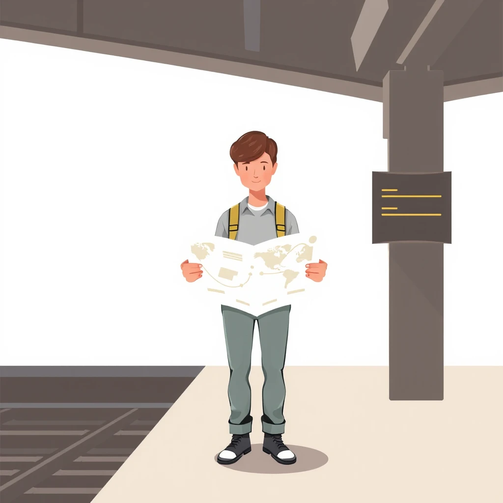 移動の駅で地図を広げて見る旅行者のイラスト（ソフトパステル）