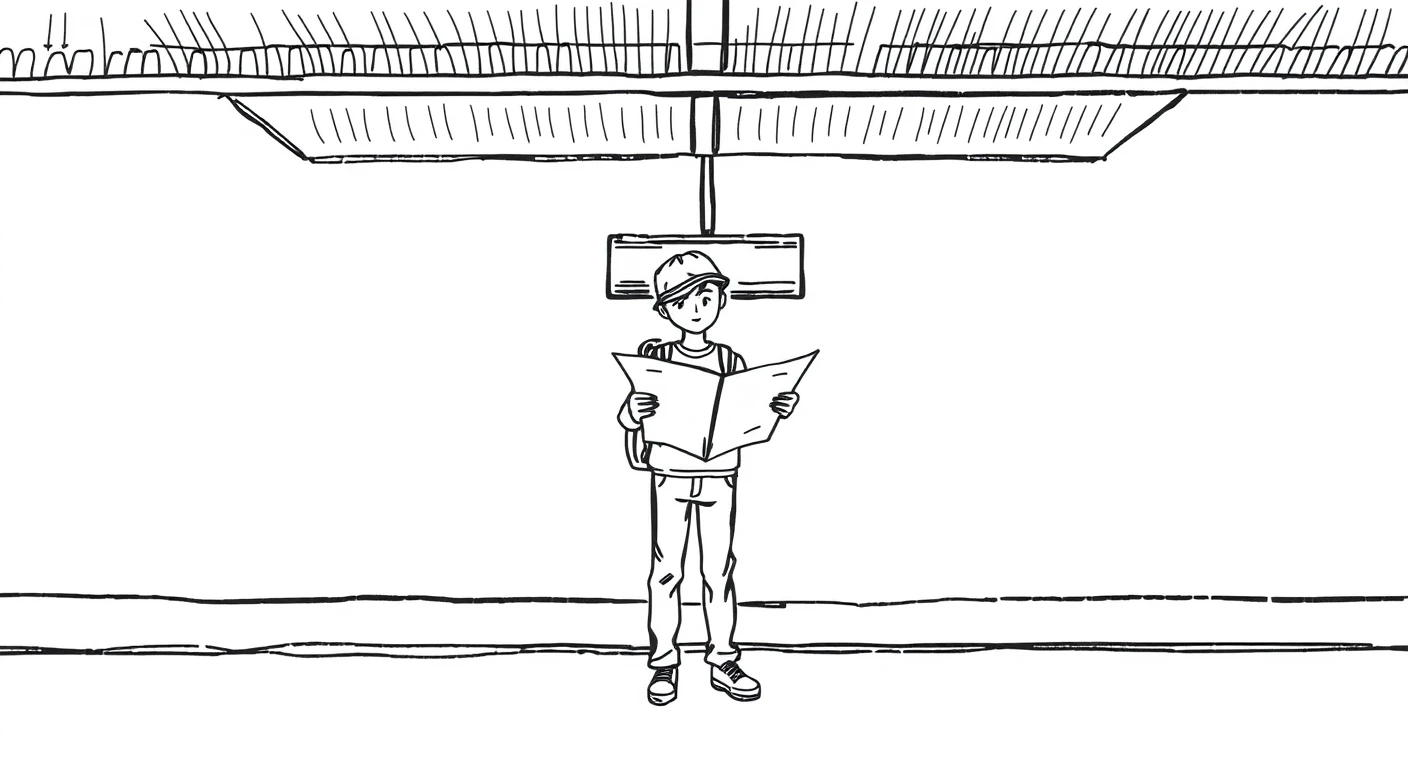 移動の駅で地図を広げて見る旅行者のイラスト（手描き風）