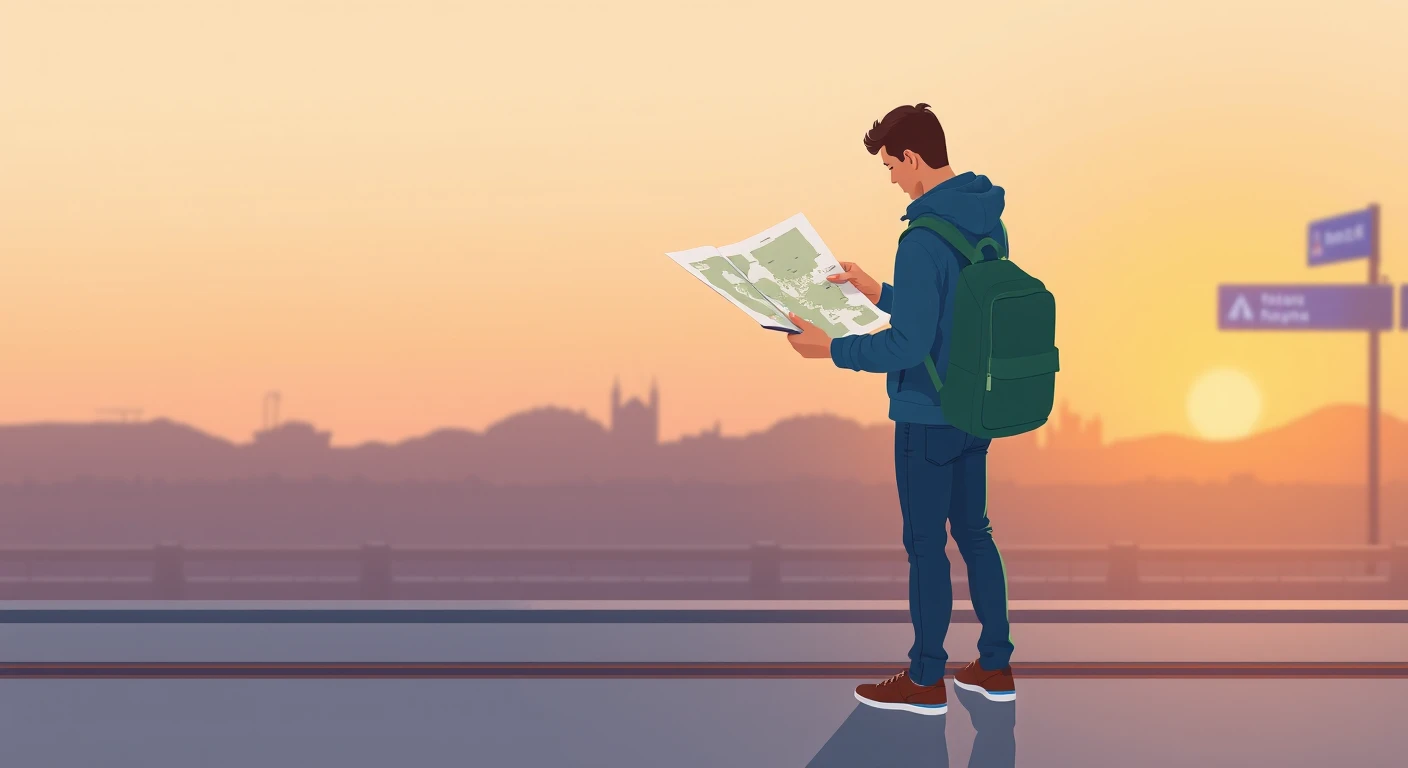 移動の駅で地図を広げて見る旅行者のイラスト（アイソメトリック）