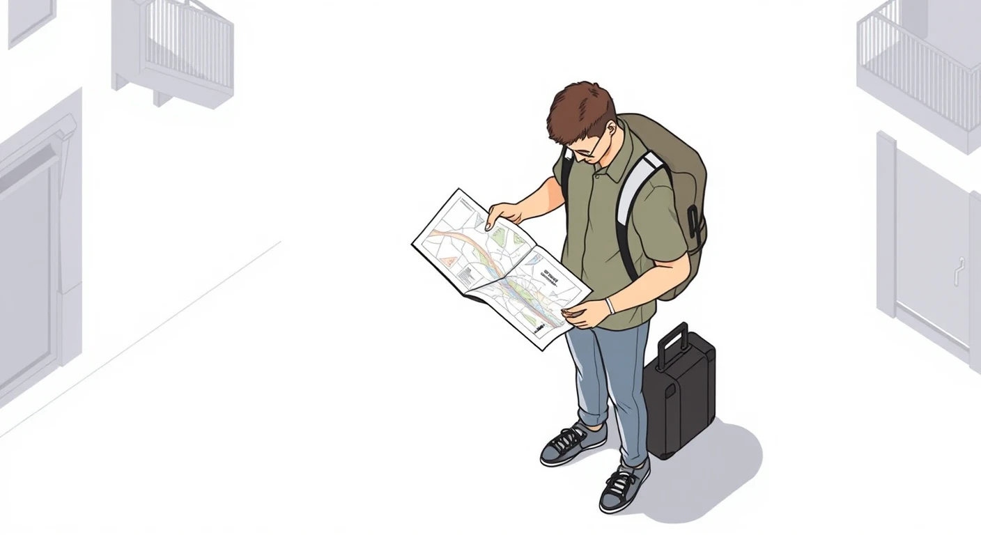 移動の街路で地図を広げて見る旅行者のイラスト（アイソメトリック）