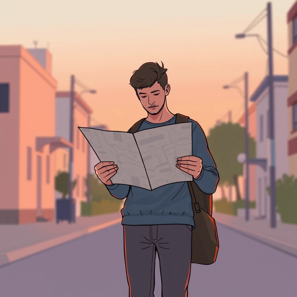 移動の街路で地図を広げて見る旅行者のイラスト（ソフトパステル）