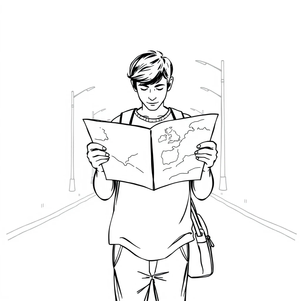 移動の街路で地図を広げて見る旅行者のイラスト（手描き風）