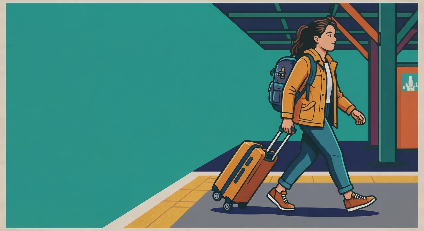 駅でスーツケースを引いて歩く旅行者のイラスト（グラフィックポスター）