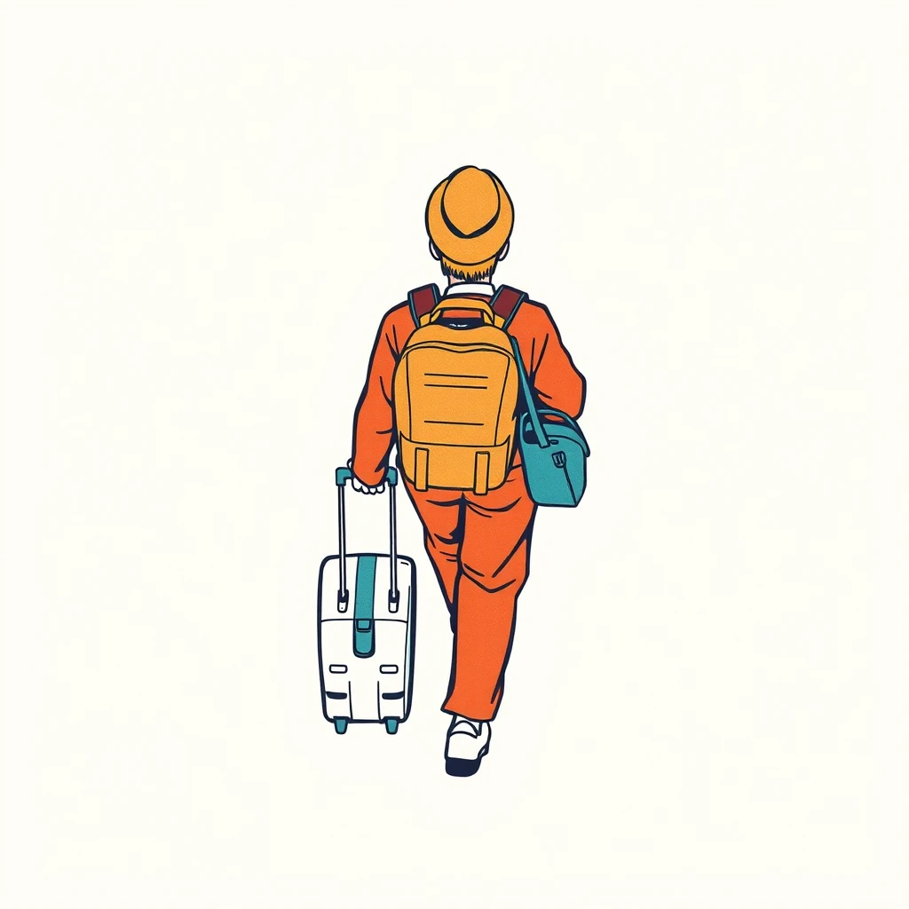 移動の駅でスーツケースを引いて歩く旅行者のイラスト（レトロ印刷）