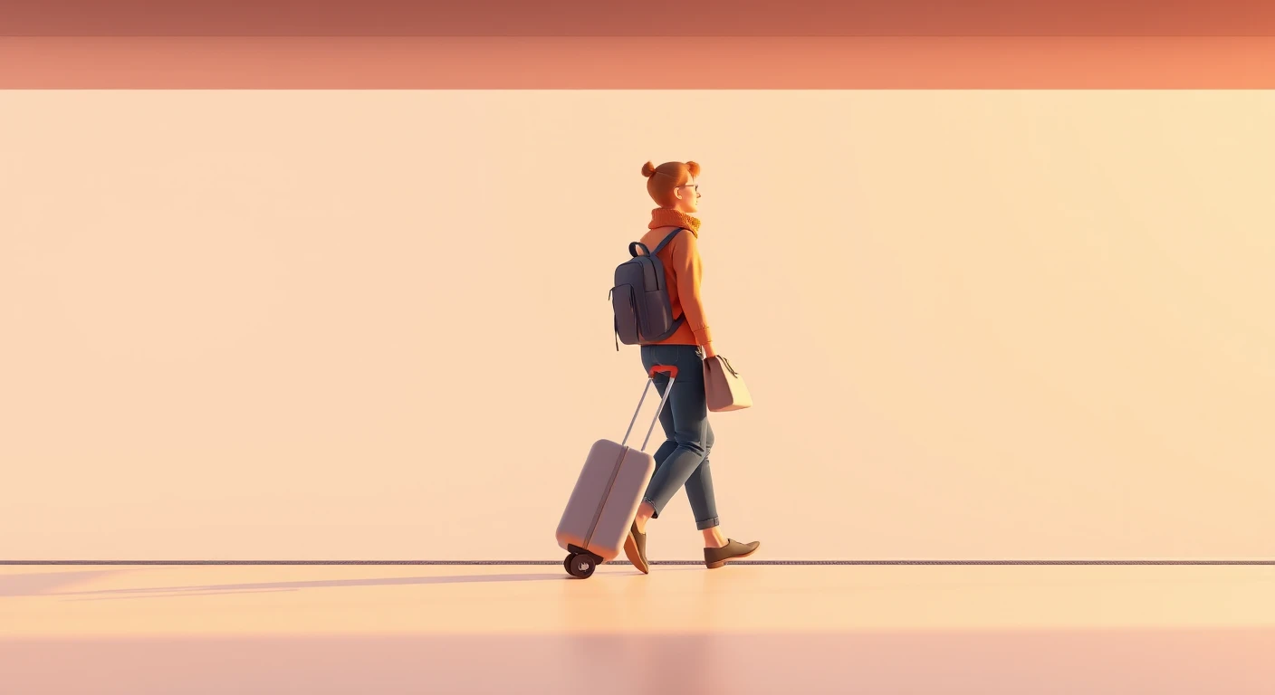 移動の駅でスーツケースを引いて歩く旅行者のイラスト（ソフト3D）