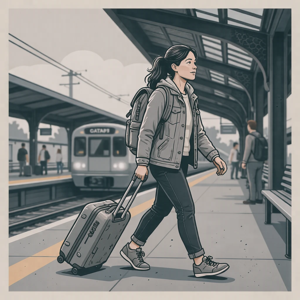 駅でスーツケースを引いて歩く旅行者のイラスト（グラフィックポスター）