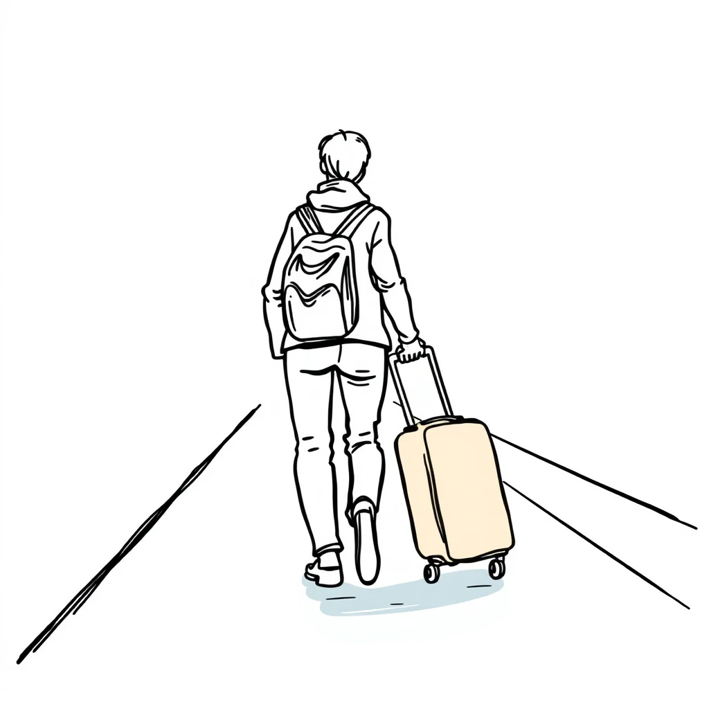 移動の駅でスーツケースを引いて歩く旅行者のイラスト（手描き風）