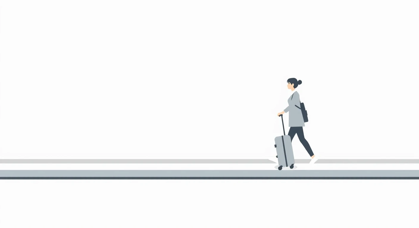 移動の駅でスーツケースを引いて歩く旅行者のイラスト（グラフィックポスター）