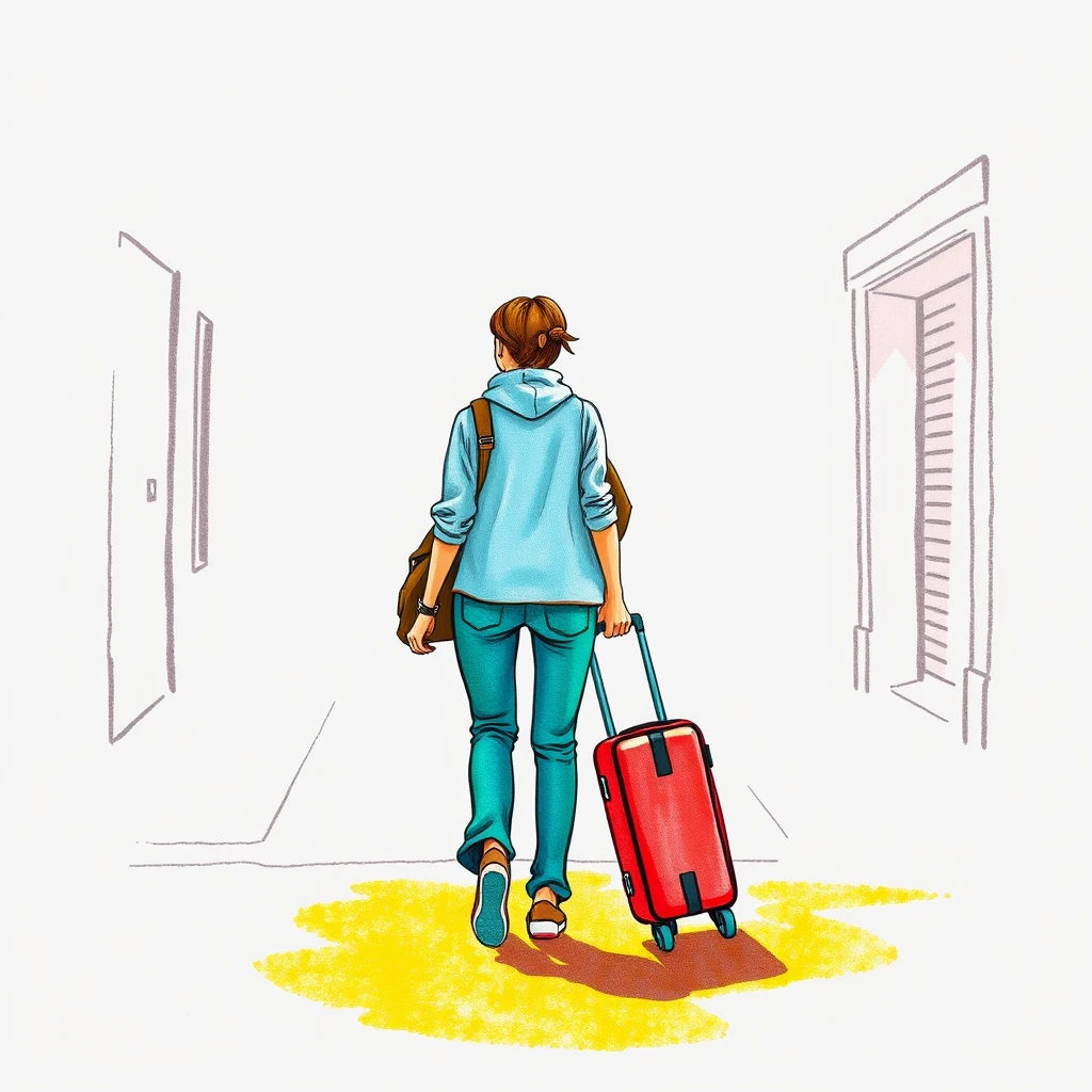 観光の街路でスーツケースを引いて歩く旅行者のイラスト（色鉛筆）
