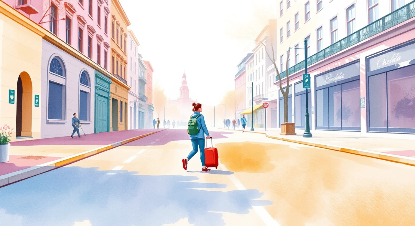 観光の街路でスーツケースを引いて歩く旅行者のイラスト（水彩）