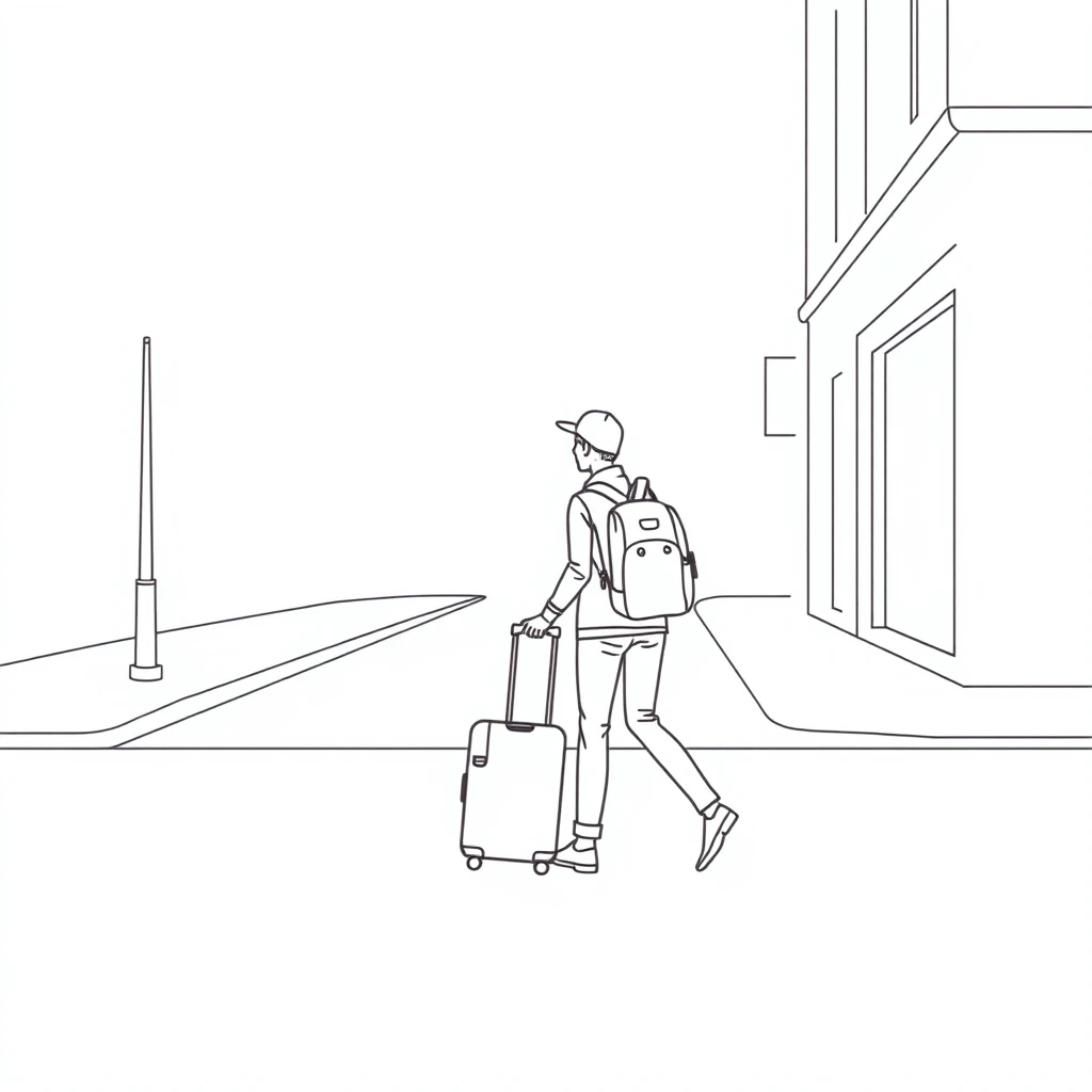 観光の街路でスーツケースを引いて歩く旅行者のイラスト（シンプル線画）