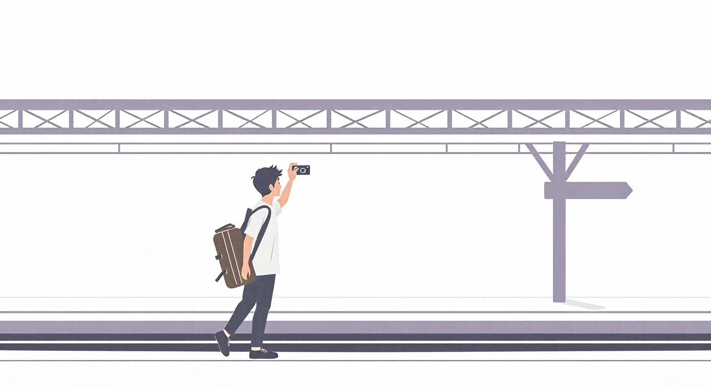 移動の駅でカメラを構える旅行者のイラスト（切り絵）