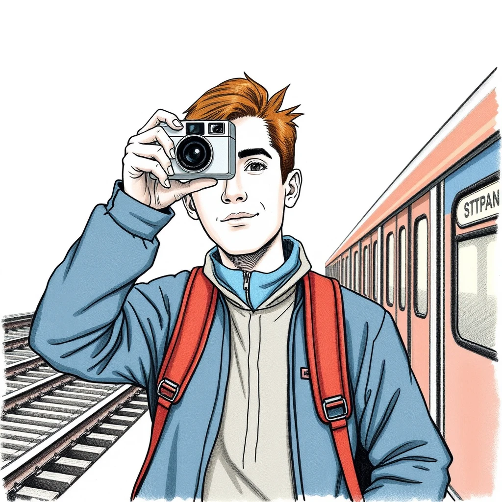 移動の駅でカメラを構える旅行者のイラスト（色鉛筆）