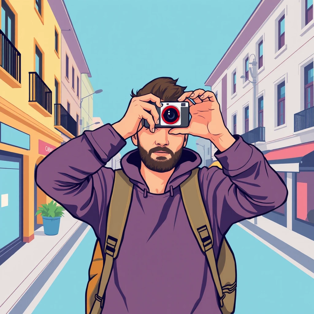 移動の街路でカメラを構える旅行者のイラスト（グラフィックポスター）