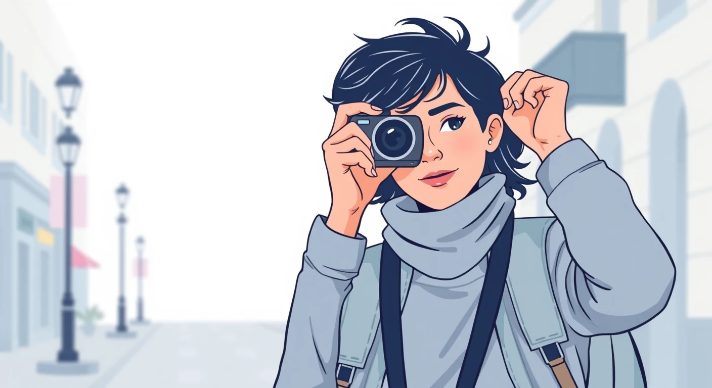 移動の街路でカメラを構える旅行者のイラスト（ソフトパステル）