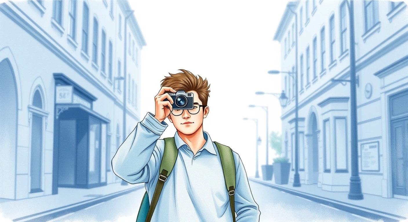 移動の街路でカメラを構える旅行者のイラスト（水彩）
