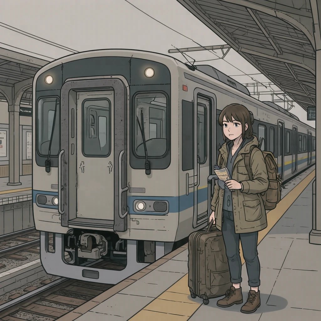 移動の駅で停車中の電車の横に立つ旅行者のイラスト（アニメ塗り）