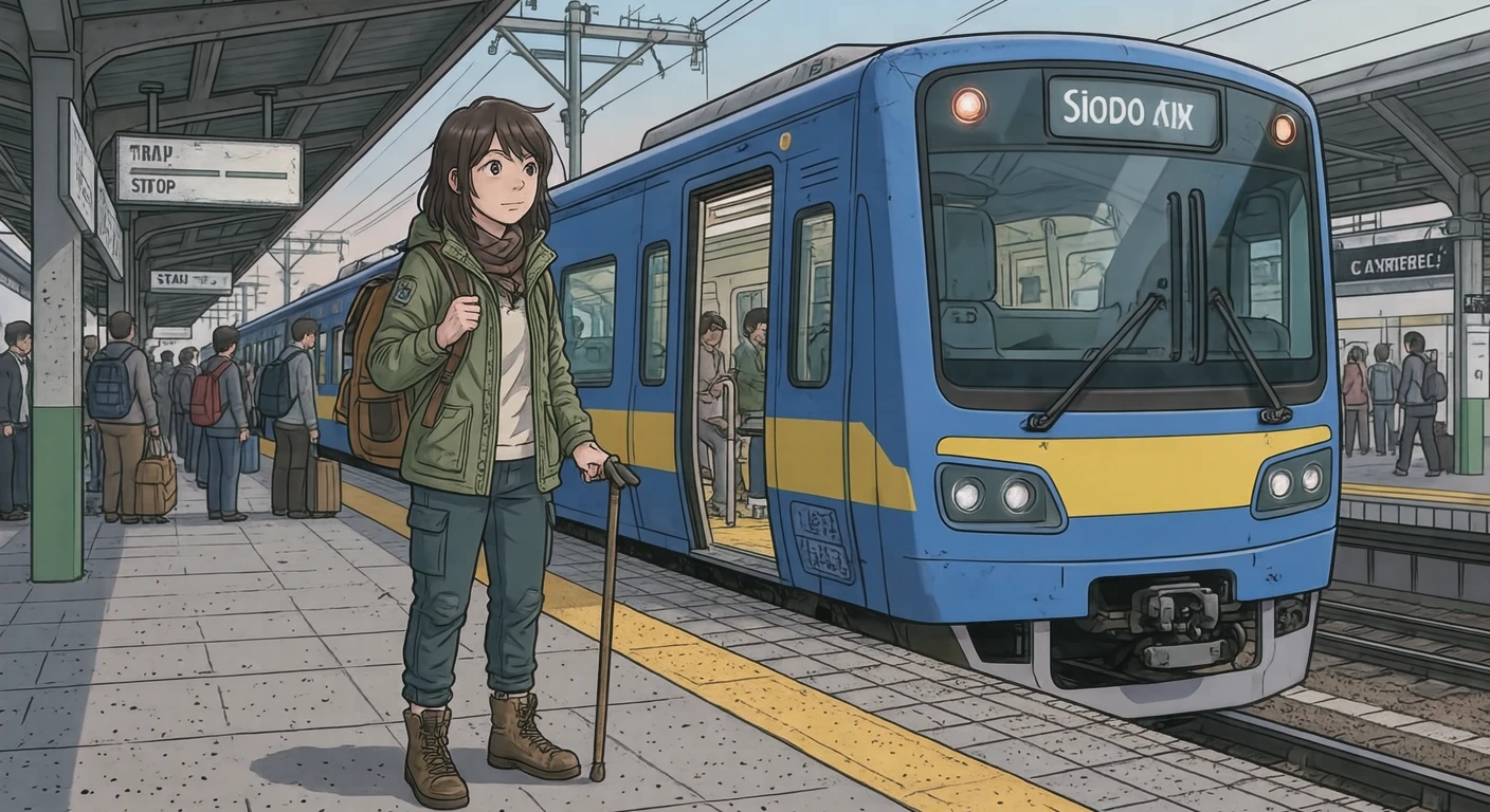 駅で停車中の電車の横に立つ旅行者のイラスト（アニメ塗り）
