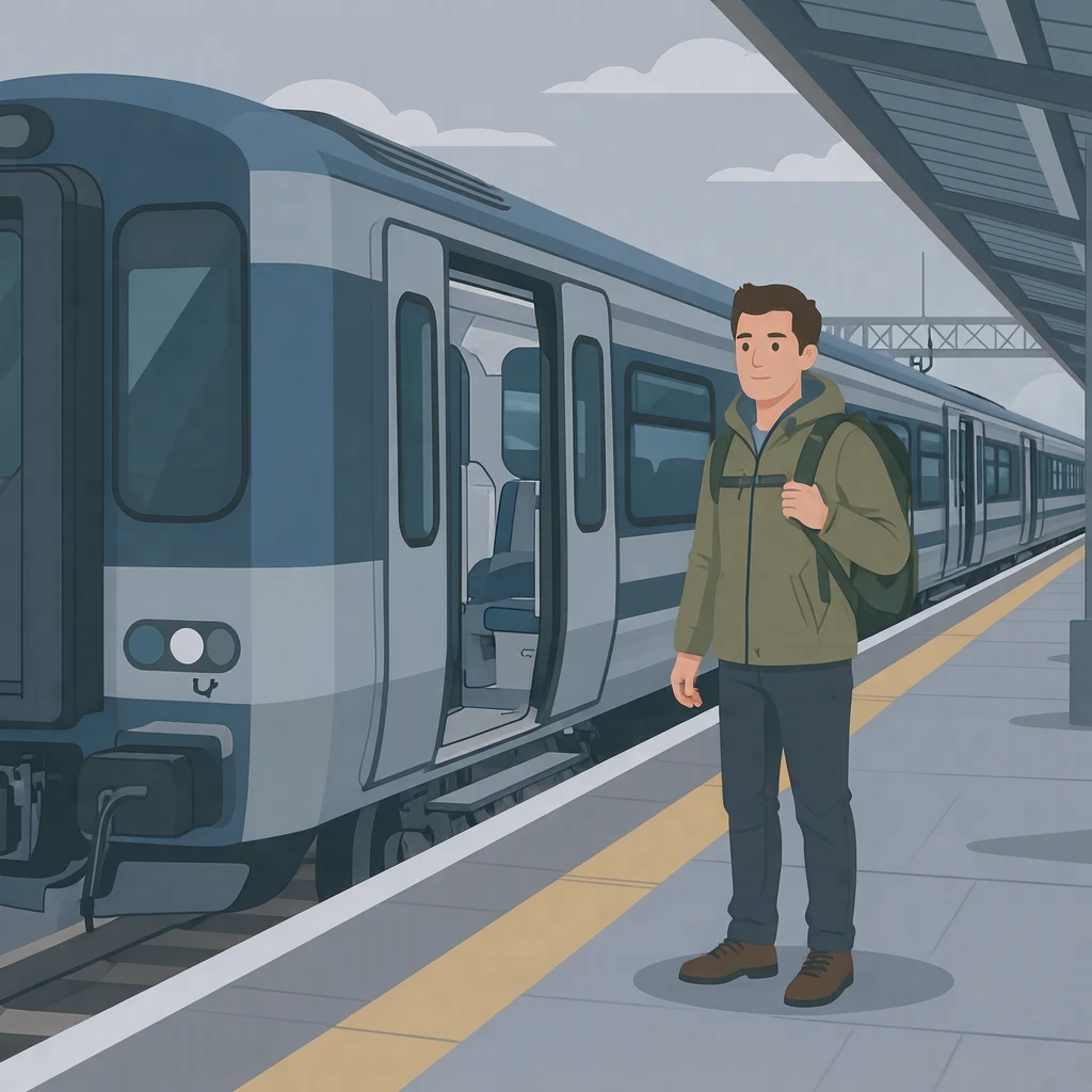 駅で停車中の電車の横に立つ旅行者のイラスト（フラットイラスト）