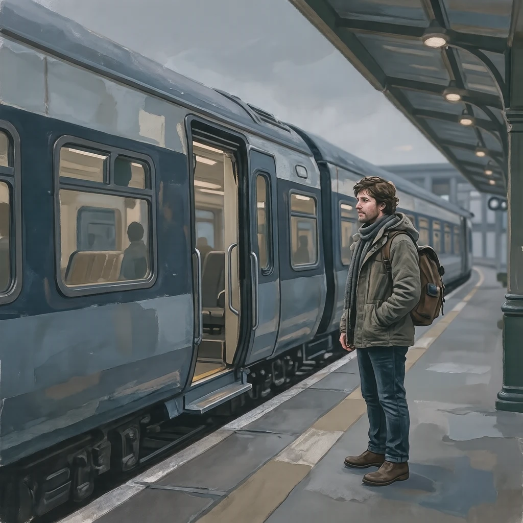 移動の駅で停車中の電車の横に立つ旅行者のイラスト（グアッシュ）
