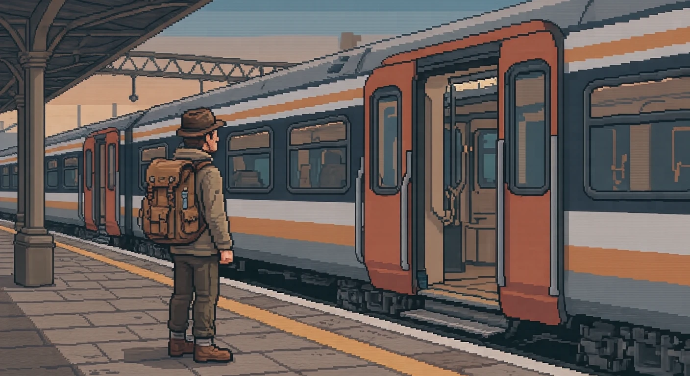 移動の駅で停車中の電車の横に立つ旅行者のイラスト（ドット絵）