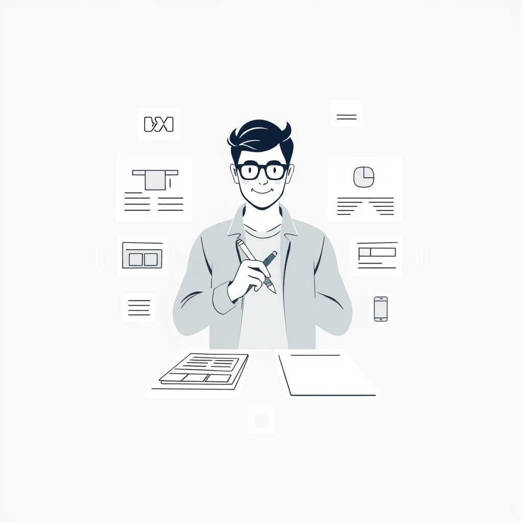 Illustration of designer, UX design, prototyping, wireframe, pen tool