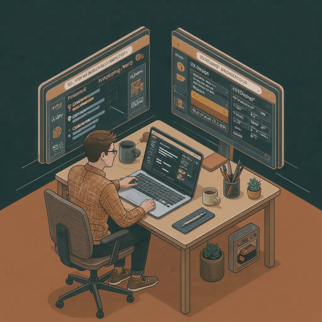 ペンを手にデザインを考えるデザイナーのイラスト（アイソメトリック）