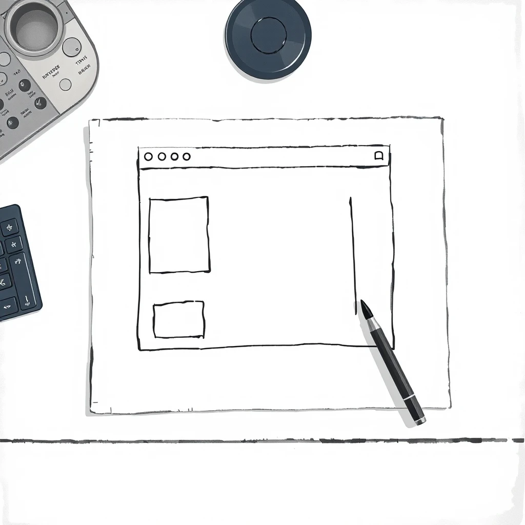 ワイヤーフレームのスケッチとペンタブレットのイラスト