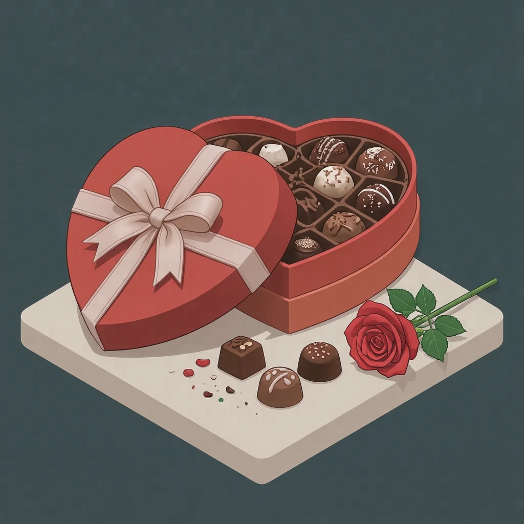 Illustration of a heart-shaped box of valentine chocolates with a ribbon (isometric)