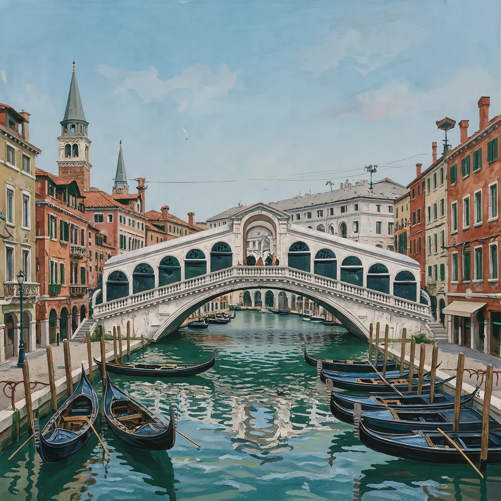 Illustration of the Rialto Bridge in Venice, a World Heritage Site (gouache)