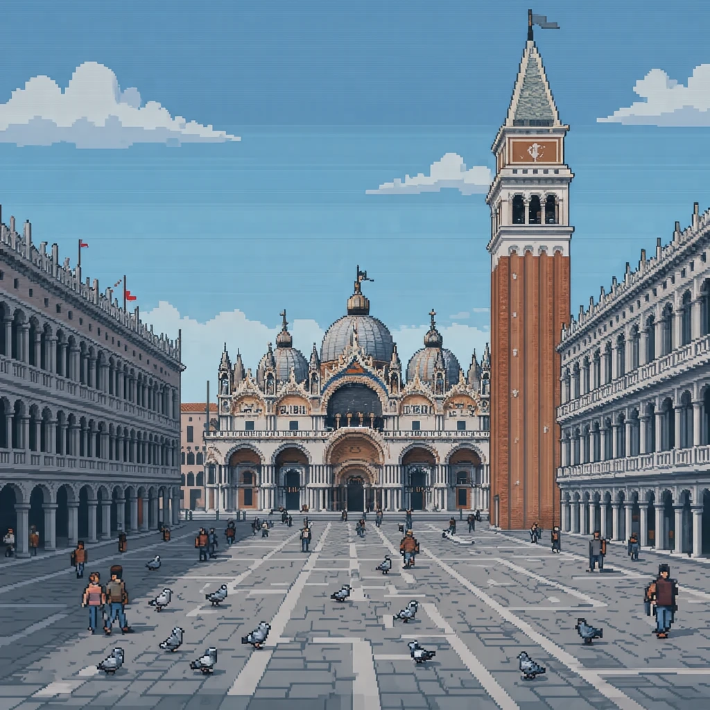 Illustration of St Mark's Square in Venice, a World Heritage Site (pixel art)