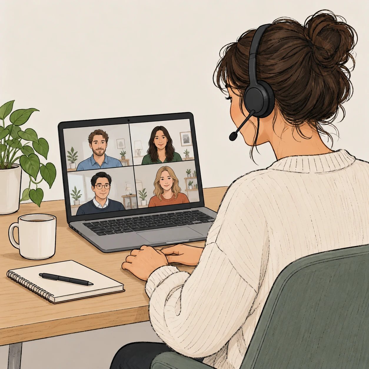 Illustration of a businessperson on a video call from a home office (hand-drawn)
