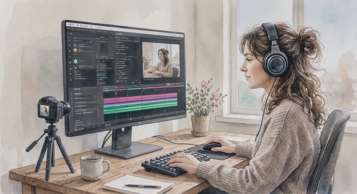 Illustration of a creator editing a video (watercolor)