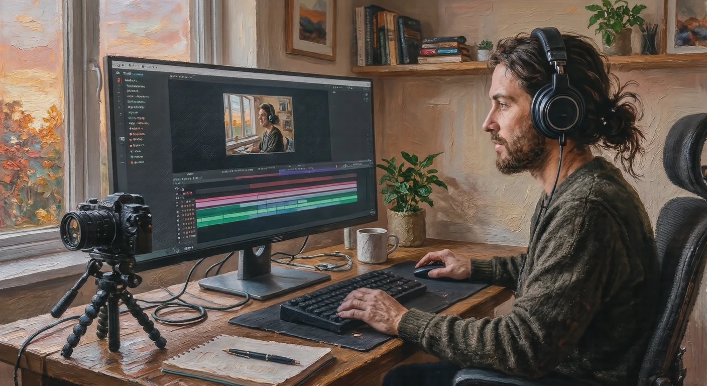 Illustration of a creator editing a video (oil painting)