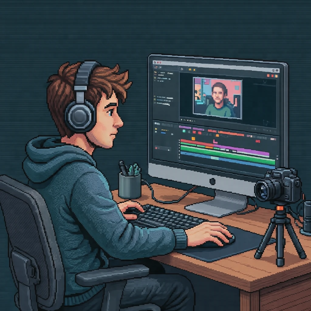 Illustration of a creator editing a video (pixel art)