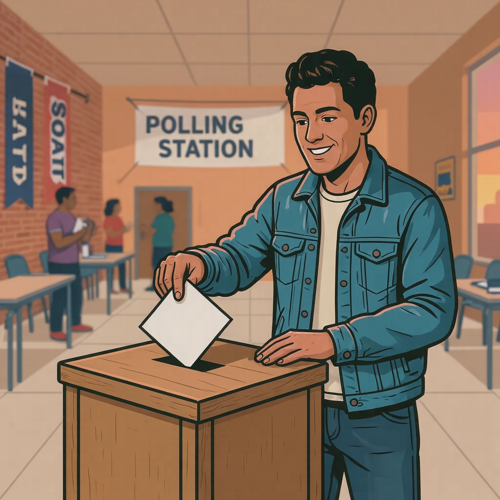 選挙当日の投票所で投票箱に入れる投票する人のイラスト（グラフィックポスター）