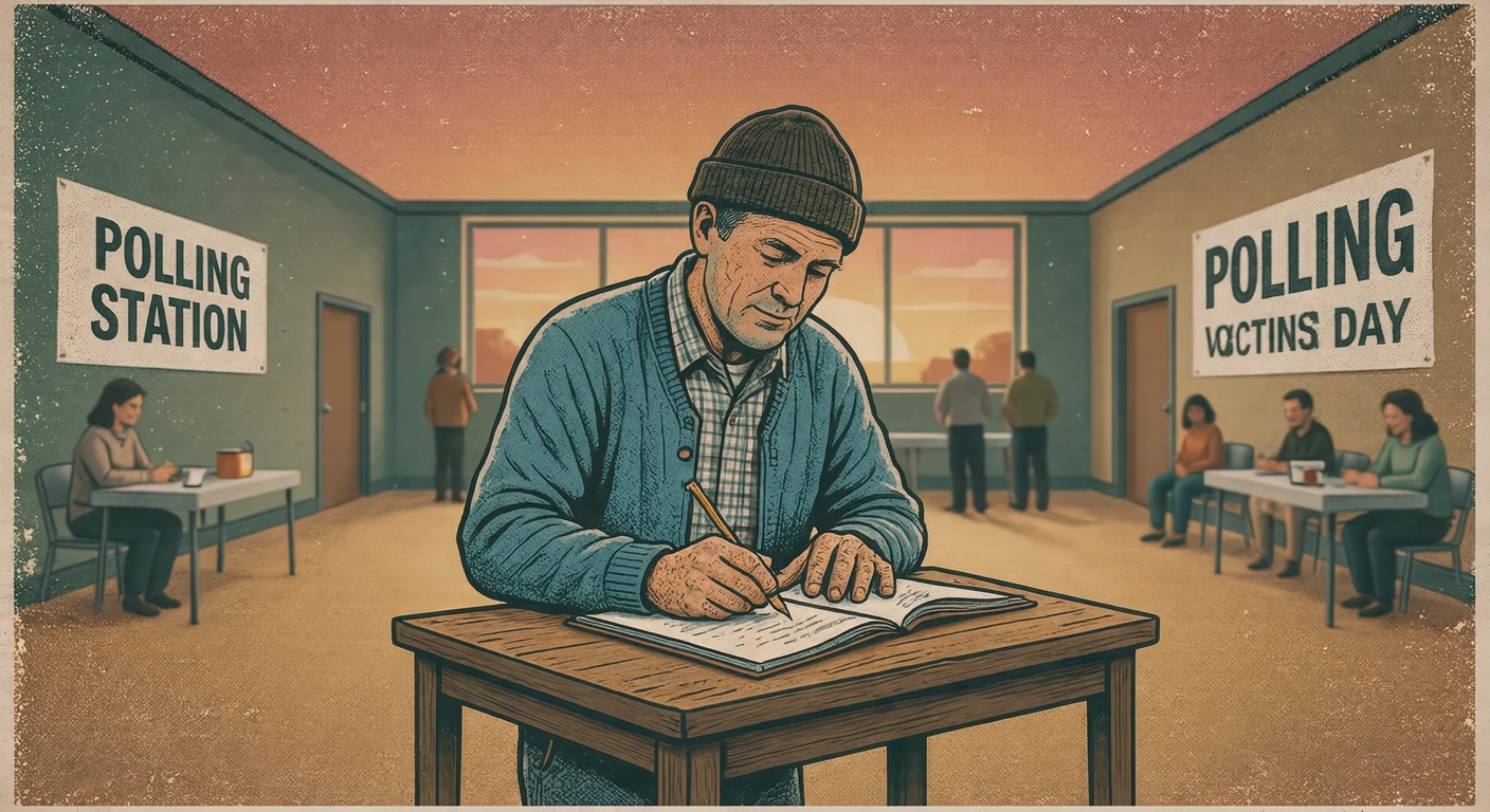投票所で記載台で書く投票する人のイラスト（レトロ印刷）