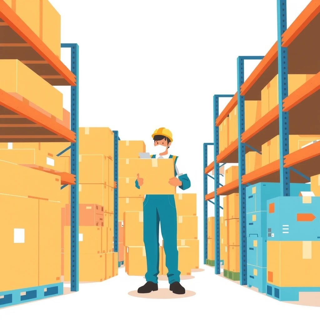 Flat illustration of a warehouse worker checking inventory