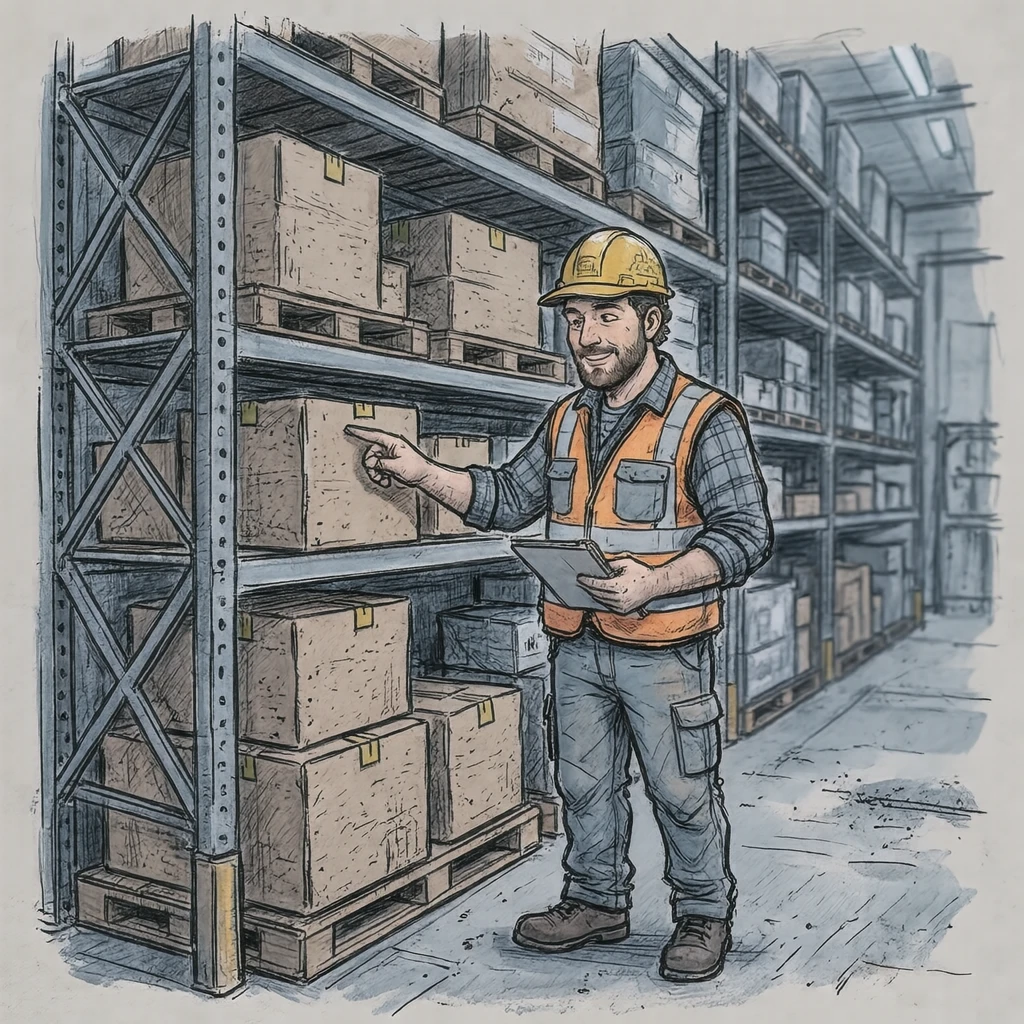 倉庫で在庫確認をする作業員のイラスト（手描き風）