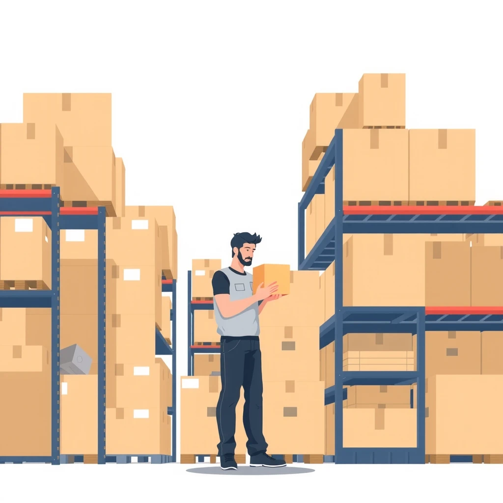Flat illustration of a warehouse worker checking inventory