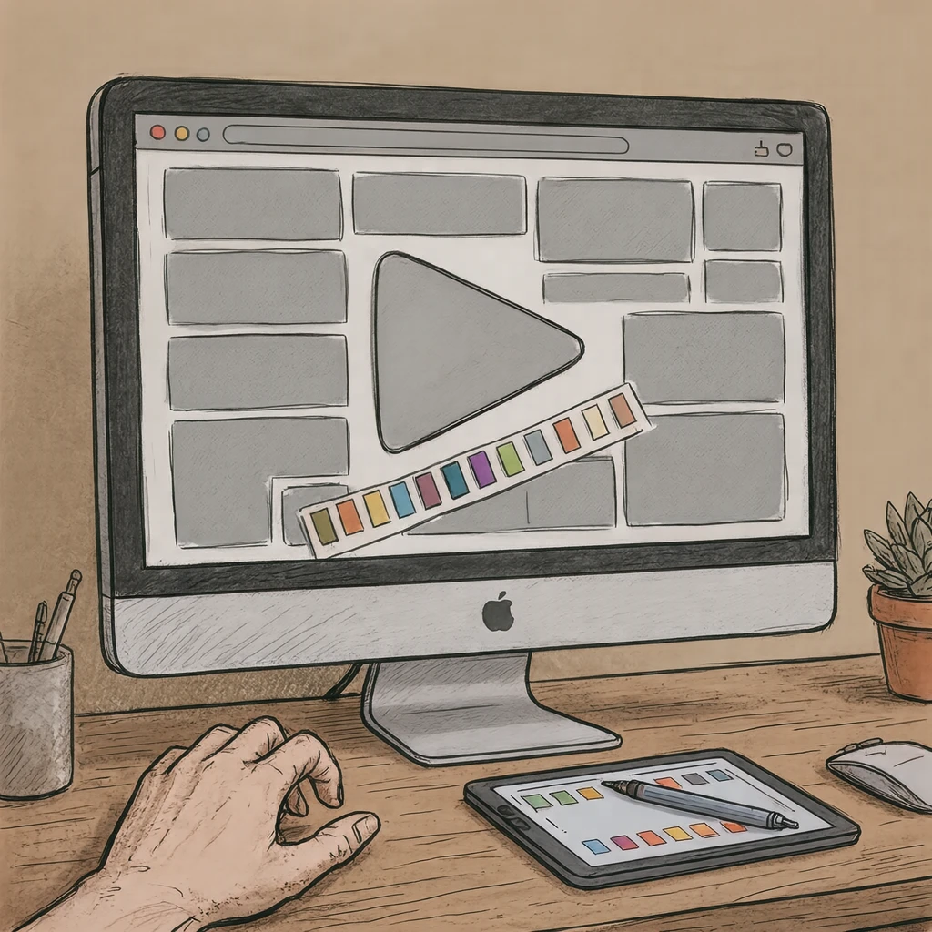 ワイヤーフレームを映すモニターと配色見本のイラスト（手描き風）