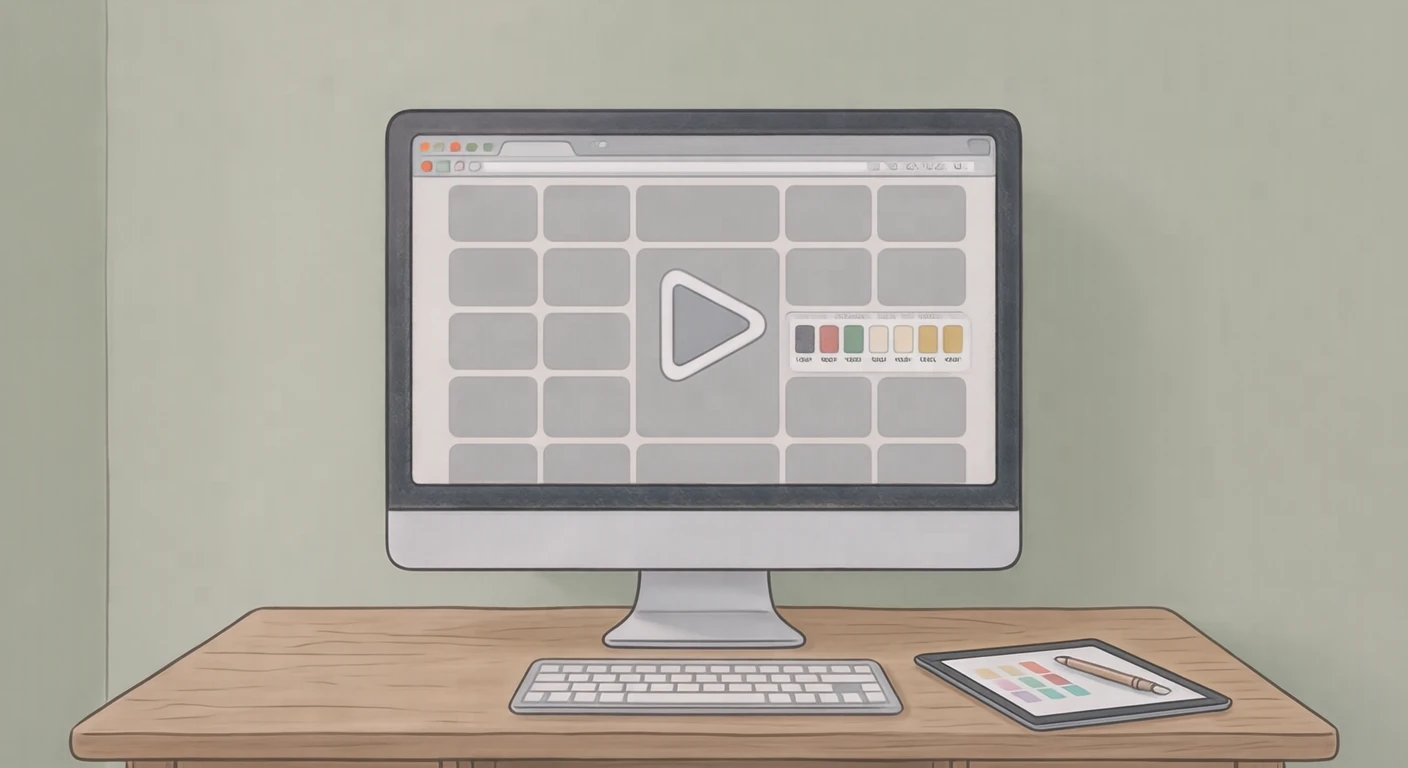 ワイヤーフレームを映すモニターと配色見本のイラスト（ソフトパステル）
