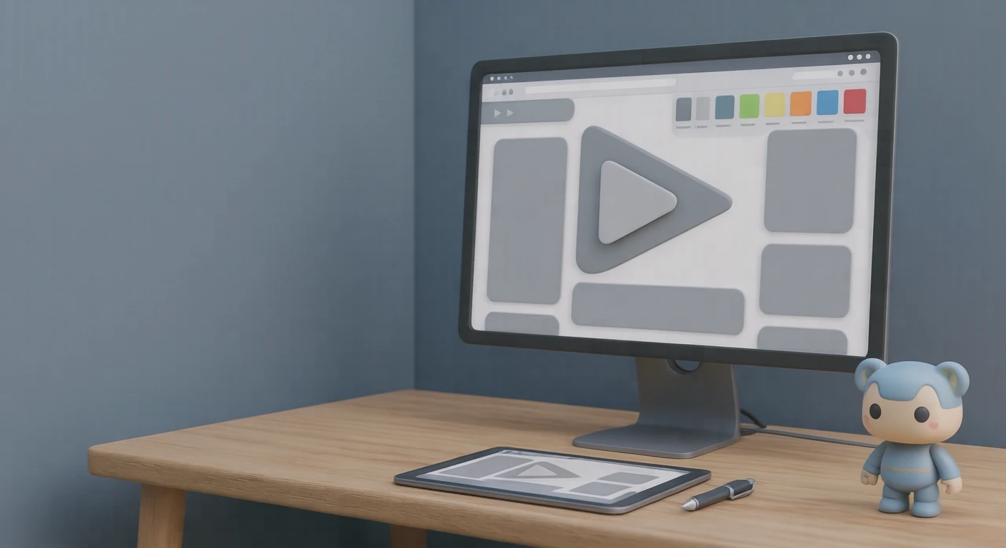 ワイヤーフレームを映すモニターと配色見本のイラスト（ソフト3D）