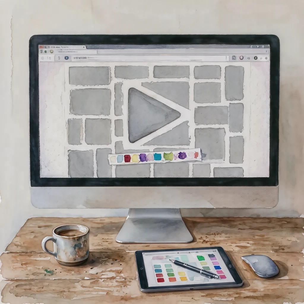 ワイヤーフレームを映すモニターと配色見本のイラスト（水彩）